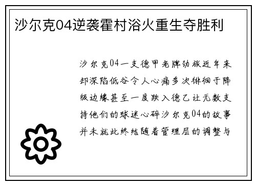 沙尔克04逆袭霍村浴火重生夺胜利