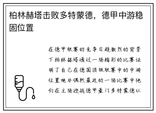 柏林赫塔击败多特蒙德，德甲中游稳固位置