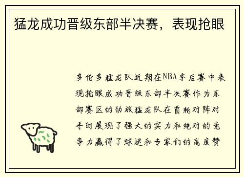猛龙成功晋级东部半决赛，表现抢眼