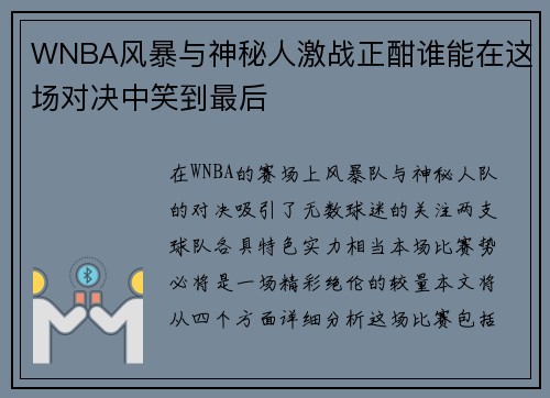 WNBA风暴与神秘人激战正酣谁能在这场对决中笑到最后