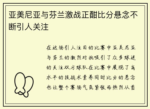 亚美尼亚与芬兰激战正酣比分悬念不断引人关注